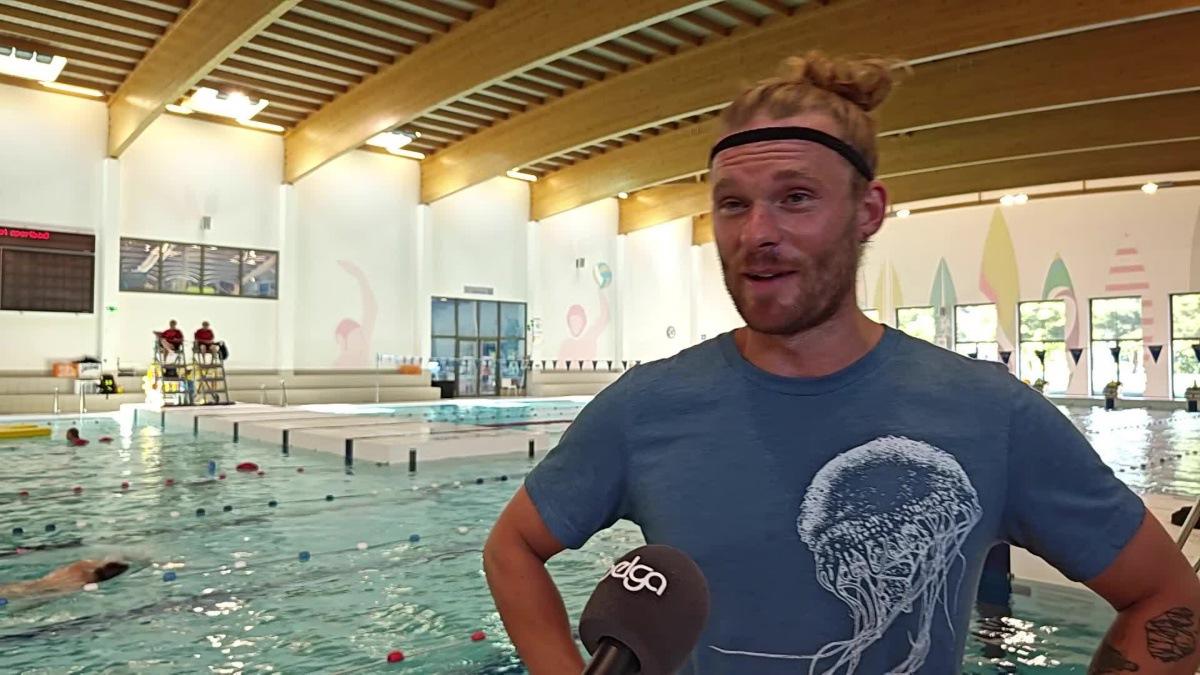 Video showing Video shows an interview of Belgian extreme porter Matthieu Bonne during his final training session at the LAGO Olympic swimming pool in Bruges, where he is a lifeguard himself. The West Flanders sportsman is ready for his world record attempt at non-stop swimming in the sea in Greece. BELGA VIDEO MAAIKE TIJSSENS
