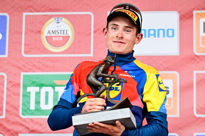 Danish Mattias Skjelmose Jensen of Lidl-Trek celebrates on the podium after winning the men elite 'Amstel Gold Race' one day cycling race, 255,9 km from Maastricht to Valkenburg, The Netherlands, Sunday 20 April 2025. BELGA PHOTO DIRK WAEM