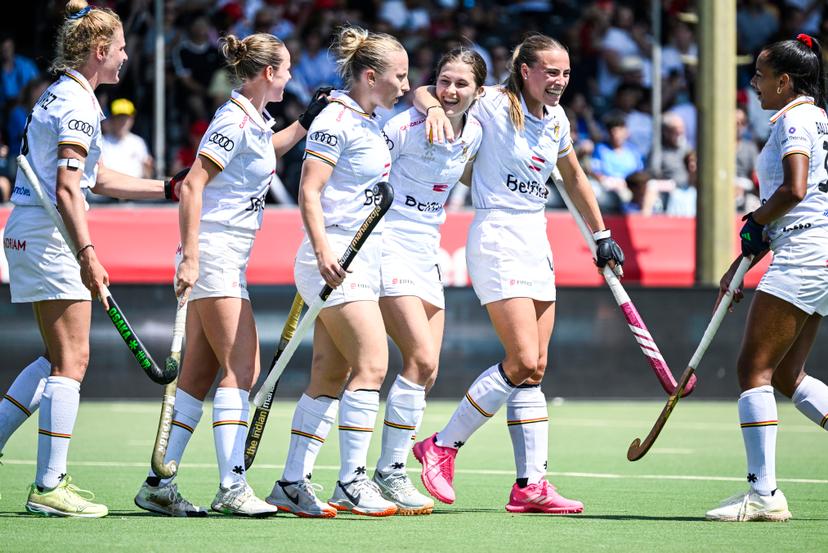 Belgium's Charlotte Englebert and Belgium's Helene Brasseur celebrate after scoring during a hockey game between Belgian national team Red Panthers and India, match 13/16 in the group stage of the 2025 women's FIH Pro League, Saturday 21 June 2025 in Antwerp. BELGA PHOTO TOM GOYVAERTS