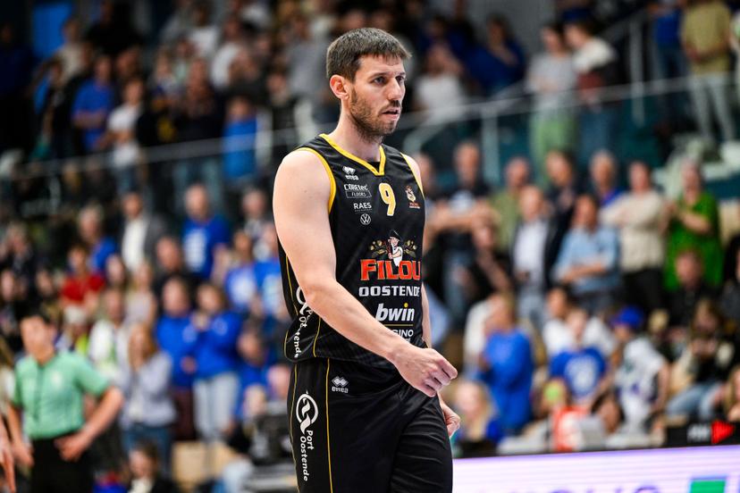 Oostende's Sam Van Rossom pictured during a basketball match between ZZ Leiden and BC Oostende, Wednesday 12 June 2024 in Leiden, the Netherlands, match 2 (best of 3) of the play-off finals of the 'BNXT League' first division basket championship. Oostende won the first leg. BELGA PHOTO TOM GOYVAERTS