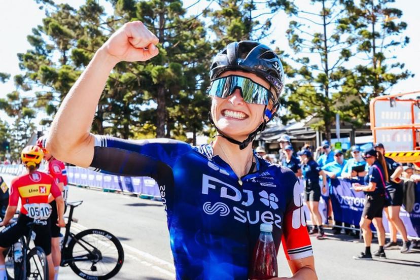 Race winner New Zealand's Ally Wollaston of Team FDJ-Suez celebrates her victory in the women's elite cycling event of the 2025 Cadel Evans Great Ocean Road Race in Geelong on February 1, 2025.  CHRIS PUTNAM / AFP