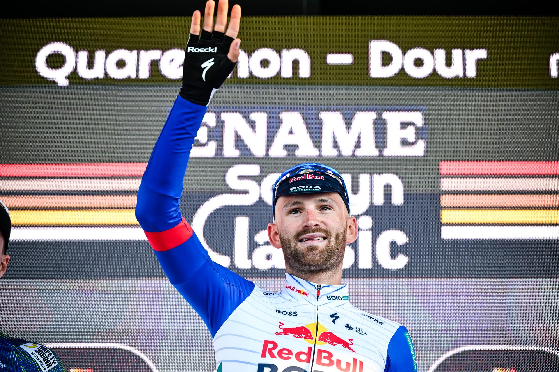 Belgian Jordi Meeus of Red Bull-BORA-hansgrohe celebrates on the podium after winning the 'Ename Samyn Classic' one day cycling race, 203,8km from Quaregnon to Dour on Tuesday 03 March 2026. BELGA PHOTO JASPER JACOBS