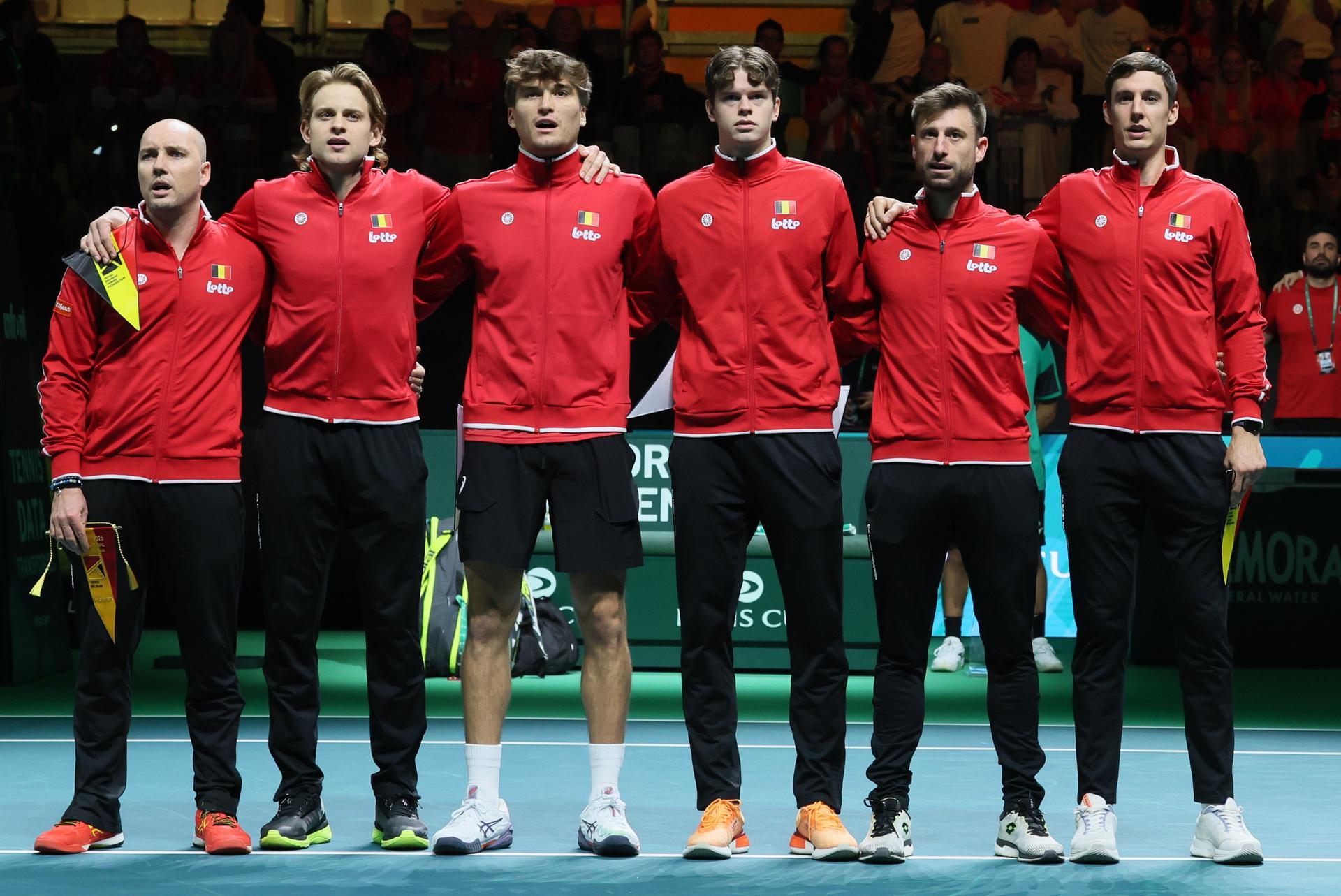 Belgium's players before the first game between Belgian Collignon and French Moutet of the Davis Cup quarter- final game between Belgium and France, in Bologna, Italy, on Tuesday 18 November 2025. Davis Cup top eight Finals takes place in Bologna from November 18 to 23. BELGA PHOTO BENOIT DOPPAGNE