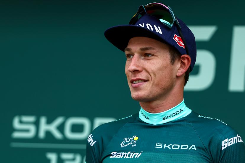 Belgian Jasper Philipsen of Alpecin-Deceuninck celebrates on the podium in the green points jersey the second stage of the 2025 Tour de France cycling race, from Lauwin-Planque to Boulogne-sur-Mer (212 km), on Sunday 06 July 2025 in France. The 112th edition of the Tour de France starts on Saturday 5 July in Lille, and will finish in Paris on the 27th of July. BELGA PHOTO DAVID PINTENS