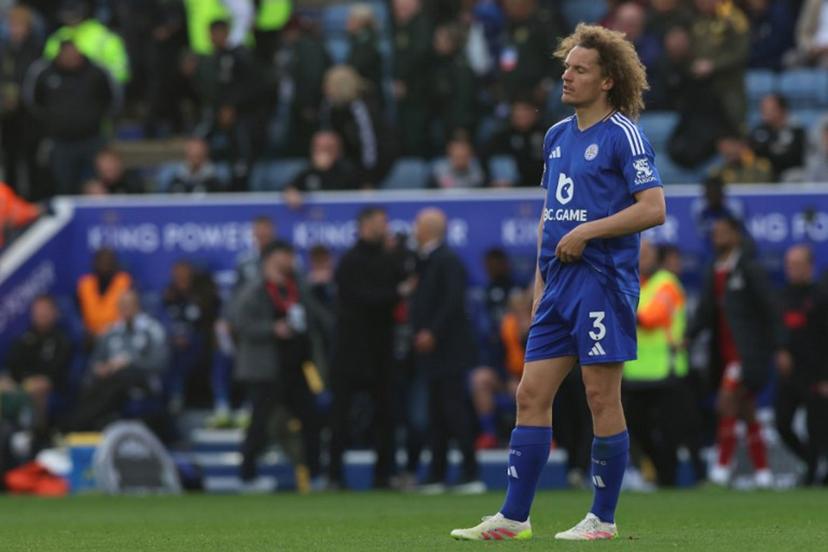 Leicester City's Belgian defender #03 Wout Faes reacts on the pitch after the English Premier League football match between Leicester City and Liverpool at King Power Stadium in Leicester, central England on April 20, 2025. Leicester were relegated from the Premier League after a 1-0 defeat to Liverpool. Darren Staples / AFP