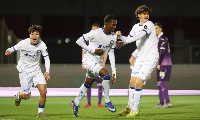 Jong Gent's Aliou Diallo Mamadou celebrates after scoring during a soccer game between RSCA Futures and Jong KAA Gent, Saturday 17 January 2026 in Deinze, on day 20 of the 2025-2026 'Challenger Pro League' 1B second division of the Belgian championship. BELGA PHOTO VIRGINIE LEFOUR