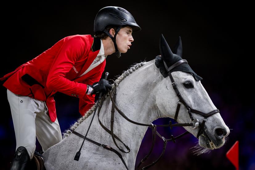 Belgian rider Thibeau Spits with King van Essene pictured in action during the FEI World Cup Jumping competition at the 'Vlaanderens Kerstjumping - Memorial Eric Wauters' equestrian event in Mechelen on Saturday 30 December 2023. BELGA PHOTO JASPER JACOBS