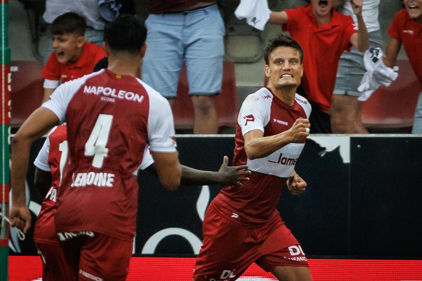 Essevee's Jelle Vossen celebrates after scoring during a soccer match between Zulte Waregem and KV Mechelen, Saturday 26 July 2025 in Waregem, on day 1 of the 2025-2026 'Jupiler Pro League' first division of the Belgian championship. BELGA PHOTO KURT DESPLENTER