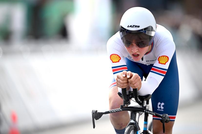 Winner British Cat Ferguson crosses the finish line of the Junior Women individual time trial race at the 2024 UCI Road and Para-Cycling Road World Championships, Tuesday 24 September 2024, in Zurich, Switzerland. The Worlds are taking place from 21 to 29 September. BELGA PHOTO JASPER JACOBS