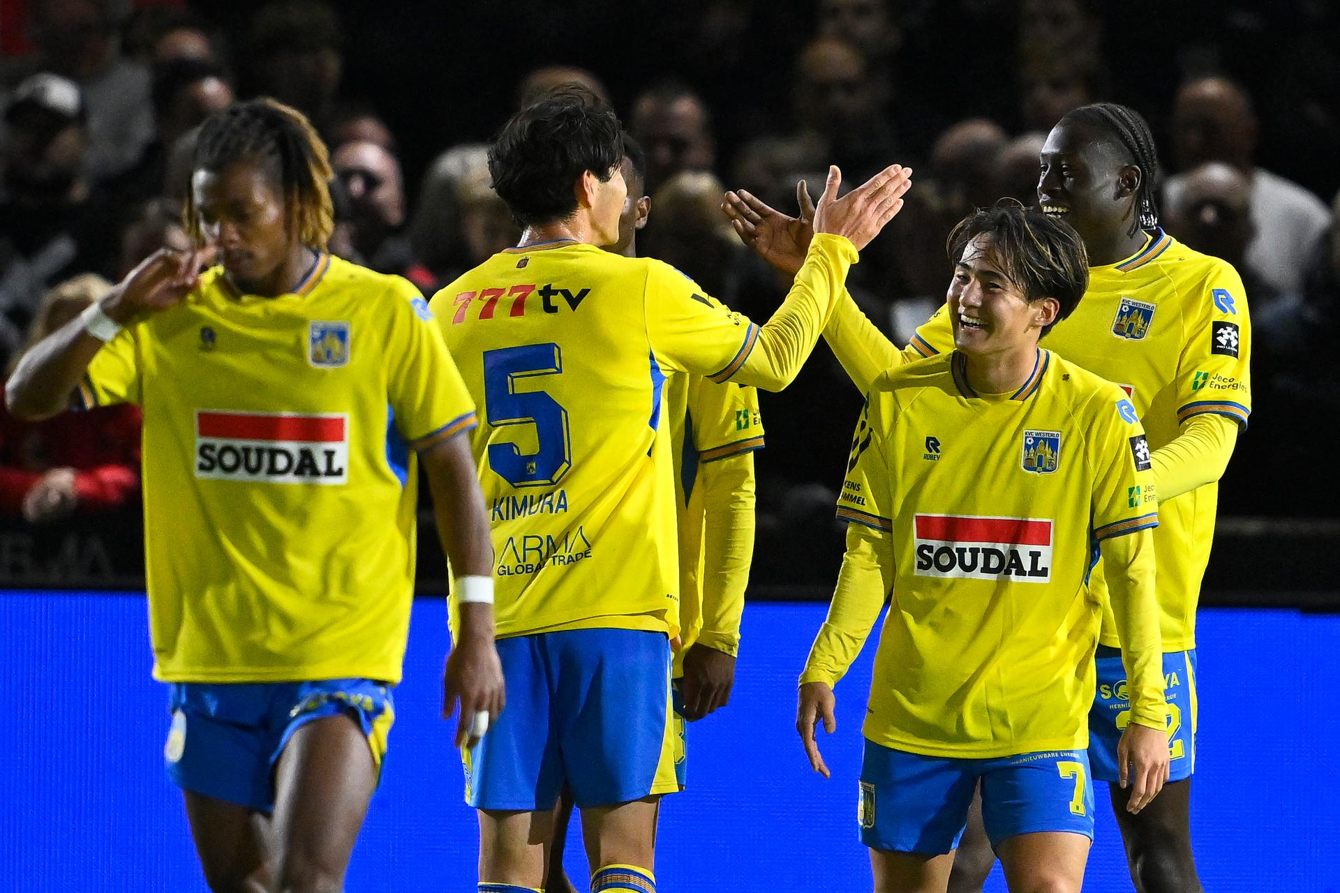 Westerlo's Emmanuel Tsimba celebrates after scoring during a soccer match between KVC Westerlo and Royal Antwerp FC, Sunday 11 October 2026 in Westerlo, on day 8 of the 2026-2027 'Jupiler Pro League' first division of the Belgian championship. BELGA PHOTO JOHAN EYCKENS