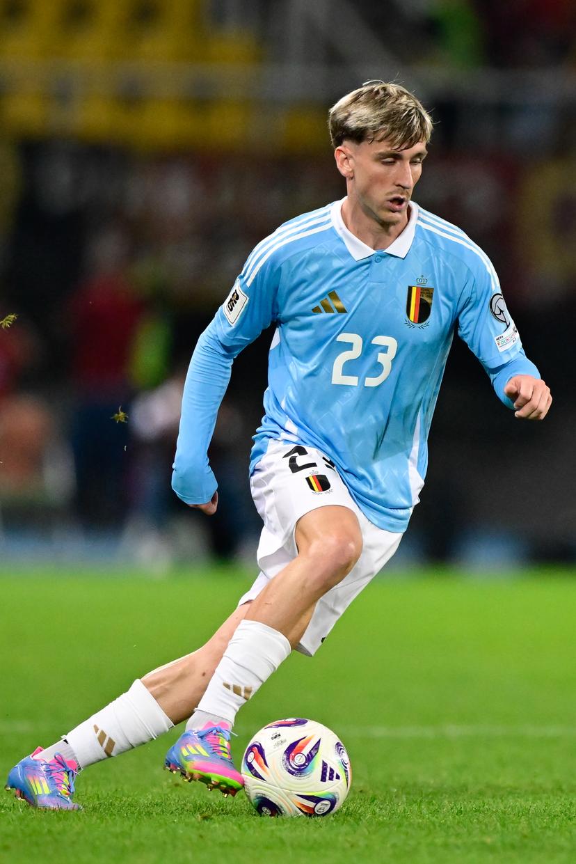 Belgium's Alexis Saelemeakers pictured in action during a soccer game between North Macedonia and Belgian national team Red Devils, Friday 06 June 2025 in Skopje, the first (out of 8) qualification games for the World Cup 2026. BELGA PHOTO DIRK WAEM