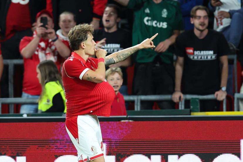 Standard's Dennis Eckert celebrates after scoring during a soccer match between Standard de Liege and Royal Antwerp FC, Saturday 5 September 2026 in Liège, on day 5 of the 2026-2027 'Jupiler Pro League' first division of the Belgian championship. BELGA PHOTO BRUNO FAHY