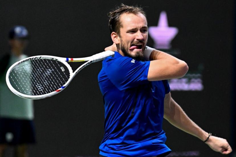 Russia's Daniil Medvedev hits a return to Czech Republic's Dalibor Svrcina during their men's singles match at the Shanghai Masters tennis tournament in Shanghai on October 12, 2026.  CN-STR / AFP