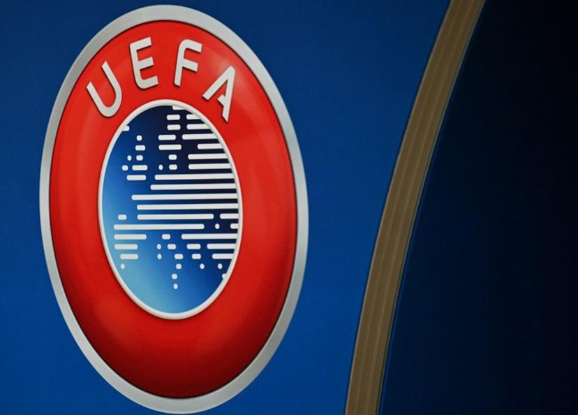 This photograph shows the UEFA logo displayed at the end of the 2025-2026 UEFA Europa League round of 16, quarter-final and semi-final draw at the House of European Football in Nyon, western Switzerland on February 27, 2026.  Harold CUNNINGHAM / AFP