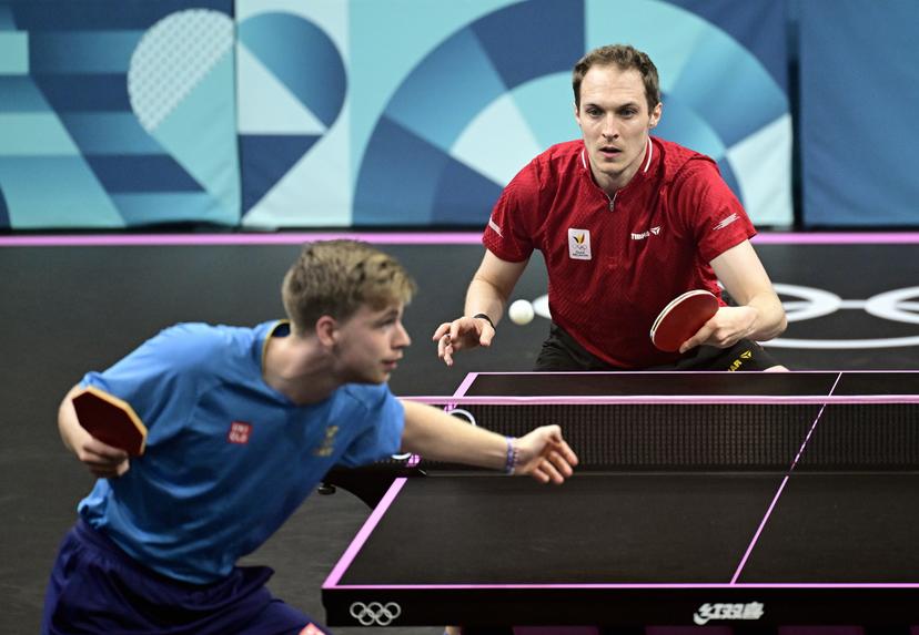 Swedish Truls Moregardh and Belgian Cedric Nuytinck contest a table tennis game in the round of 64 of the men's singles competition at the Paris 2024 Olympic Games, on Saturday 27 July 2024 in Paris, France. The Games of the XXXIII Olympiad are taking place in Paris from 26 July to 11 August. The Belgian delegation counts 165 athletes in 21 sports. BELGA PHOTO LAURIE DIEFFEMBACQ