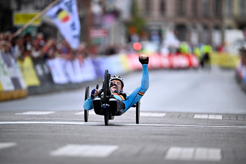 Belgium Marvin Odent (MH3) crosses the finish line of the road race at the UCI Para-cycling Road World Championships, Saturday 30 August 2025, in Ronse. The UCI Para-Cycling Road World Championships take place from 28 to 31 Augustus in Ronse. BELGA PHOTO JASPER JACOBS