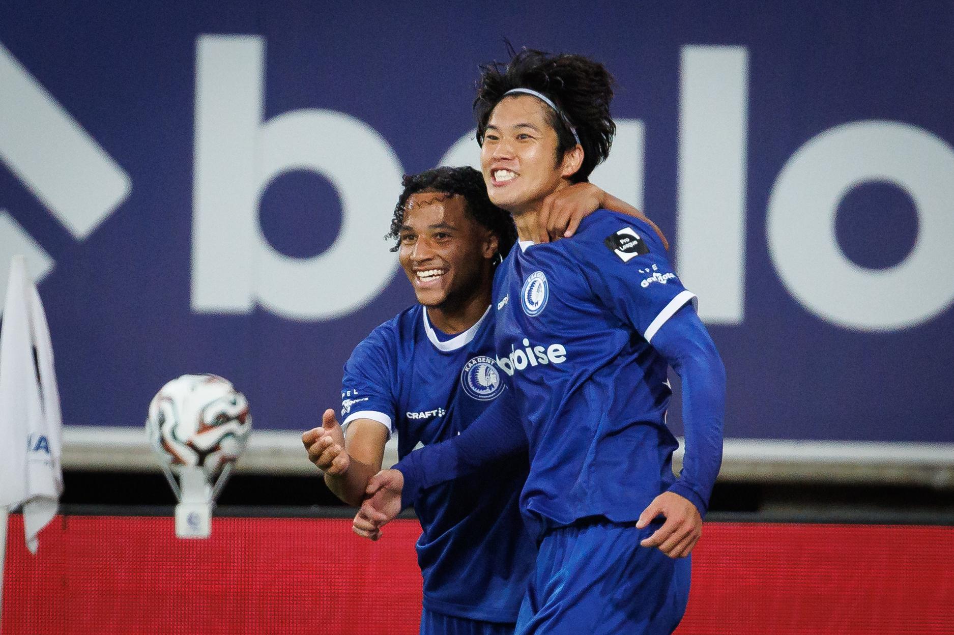 Gent's Atsuki Ito celebrates after scoring during a soccer match between KAA Gent and RAAL La Louviere, Saturday 02 August 2025 in Gent, on day 2 of the 2025-2026 'Jupiler Pro League' first division of the Belgian championship. BELGA PHOTO KURT DESPLENTER