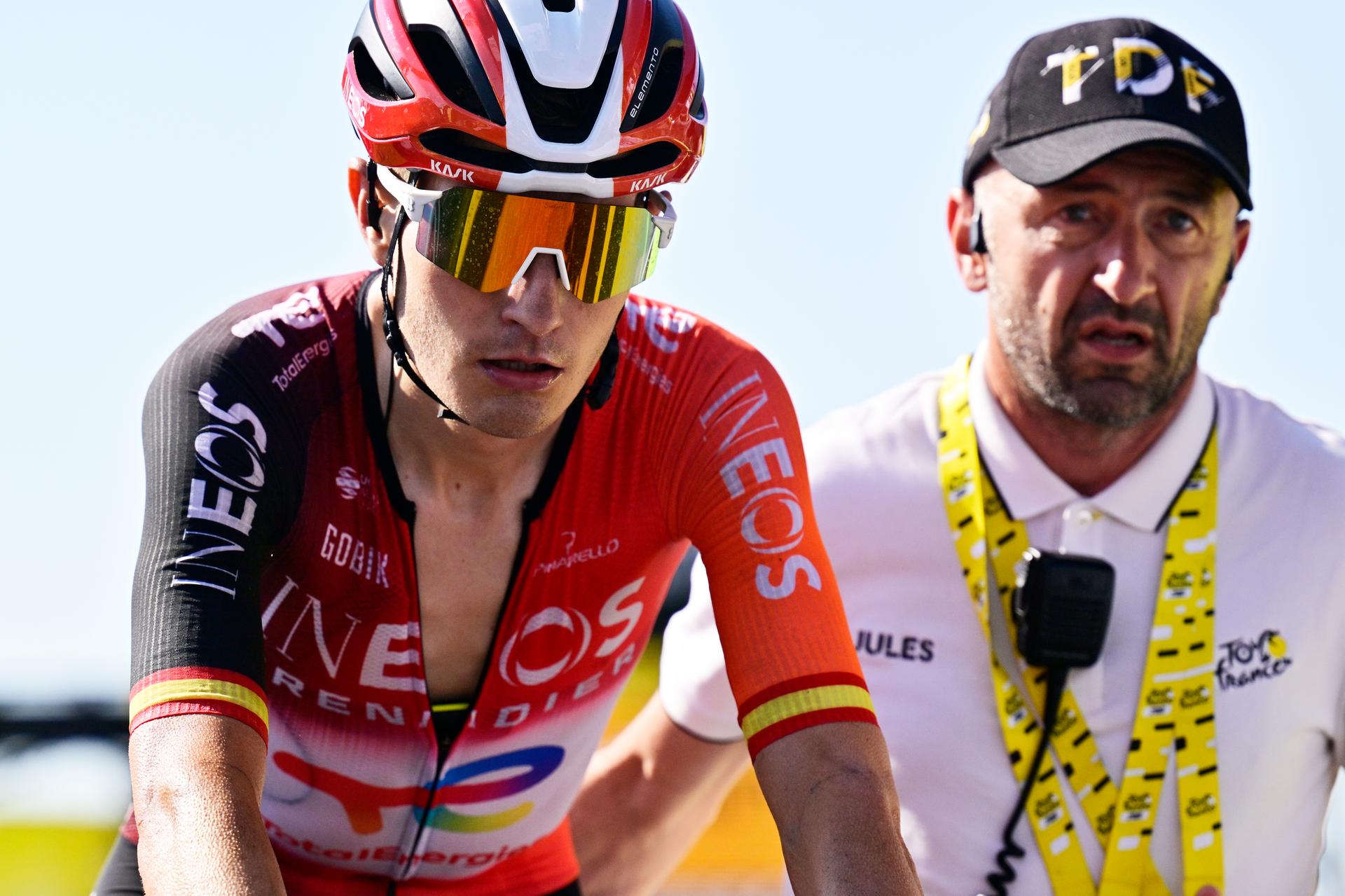 Spanish Carlos Rodriguez Cano of Ineos Grenadiers crosses the finish line of stage 12 of the 2025 Tour de France cycling, from Auch to Hautacam (181 km), on Thursday 17 July 2025 in France. The 112th edition of the Tour de France starts on Saturday 5 July in Lille, France, and will finish in Paris, France on the 27th of July.   BELGA PHOTO DIRK WAEM