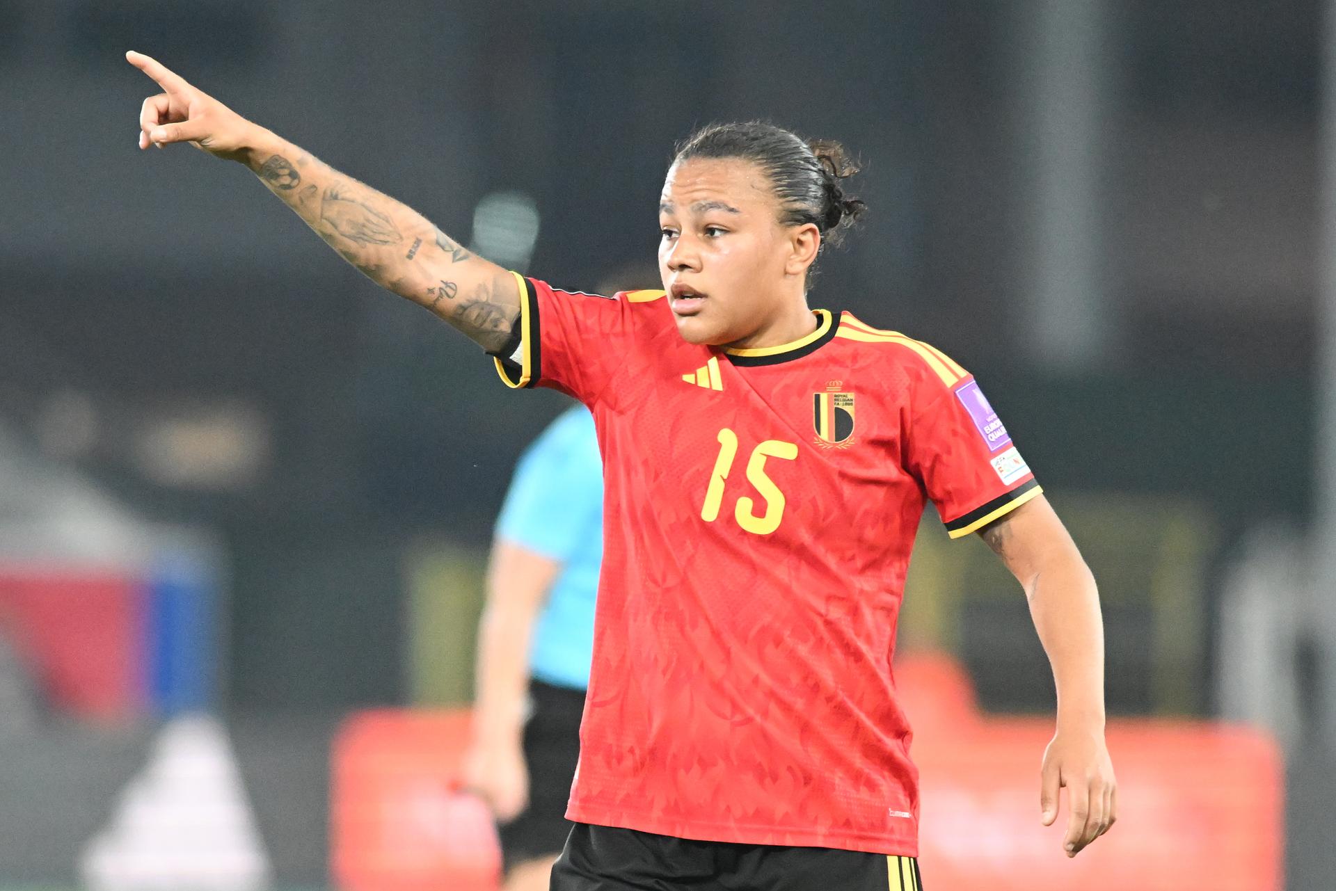 Belgium's Mariam Toloba pictured during a soccer game between Belgium's national women's team the Red Flames and Scotland, on Saturday 18 April 2026 in Leuven, in the fourth of six games of the qualifiers for the 2027 FIFA Women's World Cup. BELGA PHOTO JILL DELSAUX