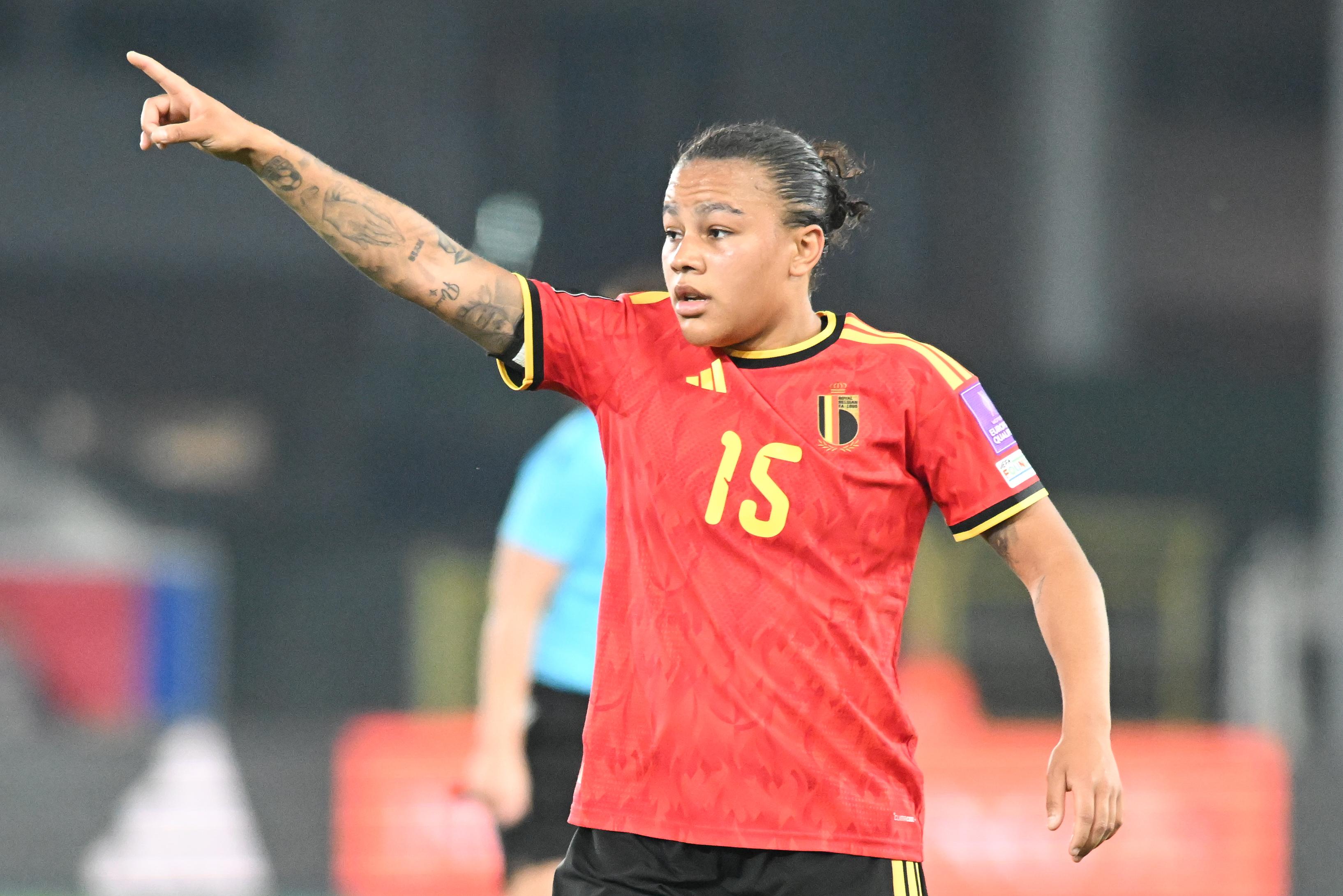 Belgium's Mariam Toloba pictured during a soccer game between Belgium's national women's team the Red Flames and Scotland, on Saturday 18 April 2026 in Leuven, in the fourth of six games of the qualifiers for the 2027 FIFA Women's World Cup. BELGA PHOTO JILL DELSAUX