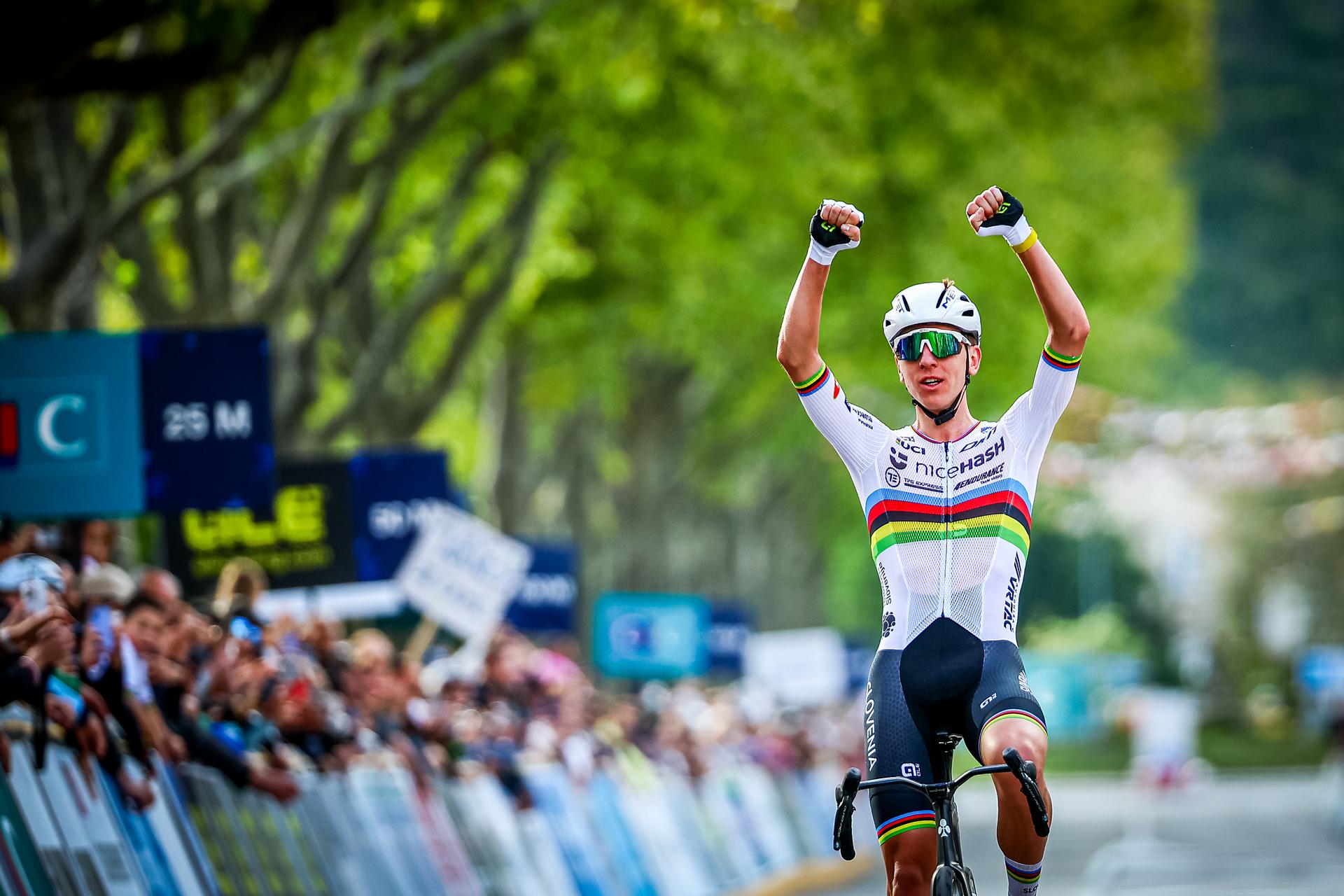 Slovenia Tadej Pogacar celebrates as he crosses the finish line to win the Men Elite raod race, a 202,5 km from Privas to Guilherand-Granges, at the UEC road European cycling championships, Sunday 05 October 2025, France. The European cycling championships Drome-Ardeche takes place from 1 to 5 October, France. BELGA PHOTO DAVID PINTENS