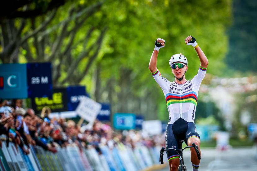 Slovenia Tadej Pogacar celebrates as he crosses the finish line to win the Men Elite raod race, a 202,5 km from Privas to Guilherand-Granges, at the UEC road European cycling championships, Sunday 05 October 2025, France. The European cycling championships Drome-Ardeche takes place from 1 to 5 October, France. BELGA PHOTO DAVID PINTENS