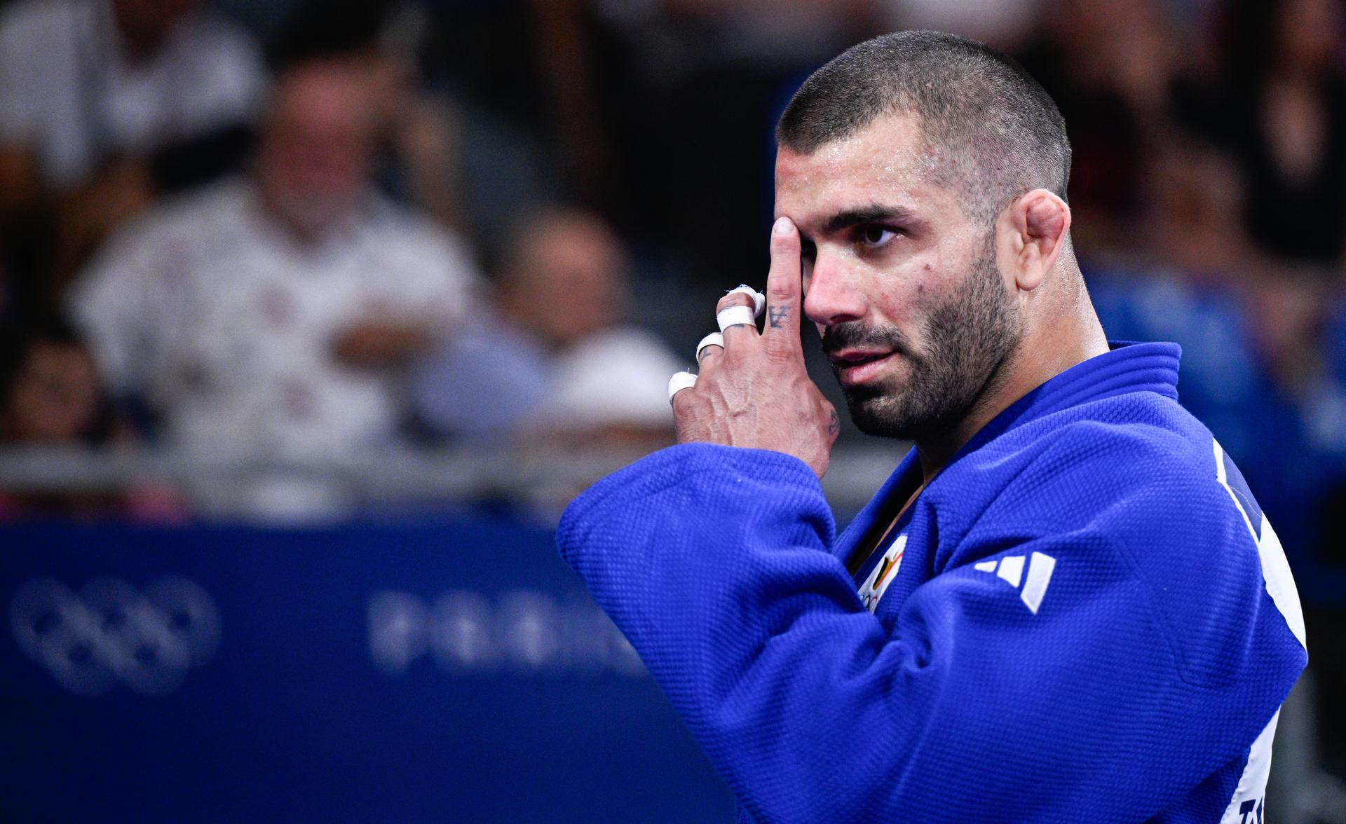 Belgian judoka Toma Nikiforov looks dejected after losing a judo bout between Belgian Nikiforov and Kazach Sharkhan in the elimination round of 64 of the -100kg category of the men's judo competition at the Paris 2024 Olympic Games, on Thursday 01 August 2024 in Paris, France. The Games of the XXXIII Olympiad are taking place in Paris from 26 July to 11 August. The Belgian delegation counts 165 athletes competing in 21 sports. BELGA PHOTO JASPER JACOBS