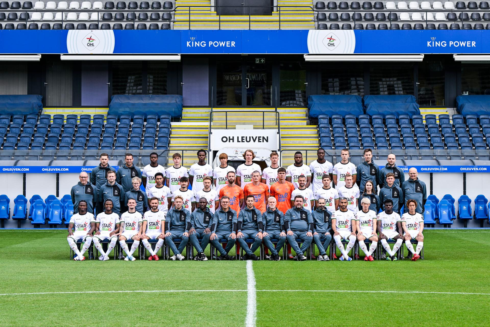 (L-R, Back) OHL's physiotherapist Kylian Lenaers, OHL's physical coach Matthias De Baerdemaeker, OHL's Bryang Kayo, OHL's Casper Terho, OHL's Moye Christ Souanga, OHL's Takuma Ominami, OHL's Ewoud Pletinckx, OHL's Mathieu Maertens, OHL's Chukwubuikem Ikwuemesi, OHL's Roggerio Nyakossi, OHL's Viktor Damjanic, OHL's physiotherapist Michiel Devyver, OHL's physiotherapist Mathias Marien, (L-R, Center) OHL's team manager Nicolas Cornu, OHL's Kit man Yannick Kenis, OHL's Kit man Jens Dormaels, OHL's Manuel Osifo, OHL's Oscar Gil Regano, OHL's Wouter George, OHL's goalkeeper Maxence Prevot, OHL's goalkeeper Tobe Leysen, OHL's goalkeeper Theo Radelet, OHL's Siebe Schrijvers, OHL's Jovan Mijatovic, OHL's Thibault Vlietinck, OHL's Nutritionist Fleur Gentry, OHL's physical coach Tuur Vanderstukken, OHL's doctor Ignace Verschuere, (L-R, Front) OHL's Abdoul Karim Traore, OHL's William Balikwisha, OHL's Thibaud Verlinden, OHL's Birger Verstraete, OHL's video analyst Joaquim Lohisse, OHL's assistant coach Ibrahima Sonko, OHL's assistant coach Rudi Cossey, OHL's head coach David Hubert, OHL's assistant coach Tibor Balog, OHL's keeper coach Bram Verbist, OHL's video analyst Mehdi Hosseinpour, OHL's Youssef Maziz, OHL's Takahiro Akimoto, OHL's Nachon Nsingi and OHL's Ayumu Ohata pose for a team picture at the 2025-2026 season photoshoot of Belgian soccer team Oud-Heverlee Leuven, Wednesday 23 July 2025 in Leuven. BELGA PHOTO TOM GOYVAERTS