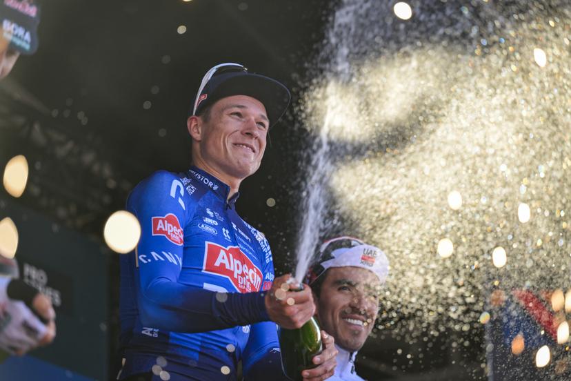 Belgian Jasper Philipsen of Alpecin-Premier Tech celebrates on the podium after winning the 'Nokere Koerse' one day cycling race for men elite, 186,4 km from Deinze to Nokere, Kruisem on Wednesday 18 March 2026. BELGA PHOTO DAVID PINTENS