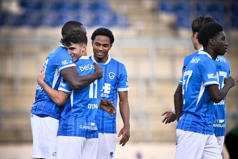 Jong Genk's Luca Oyen celebrates after scoring during a soccer game between Jong Genk and Royal Francs Borains, Saturday 18 October 2025 in Geel, on day 10 of the 2025-2026 'Challenger Pro League' 1B second division of the Belgian championship. BELGA PHOTO JOHAN EYCKENS