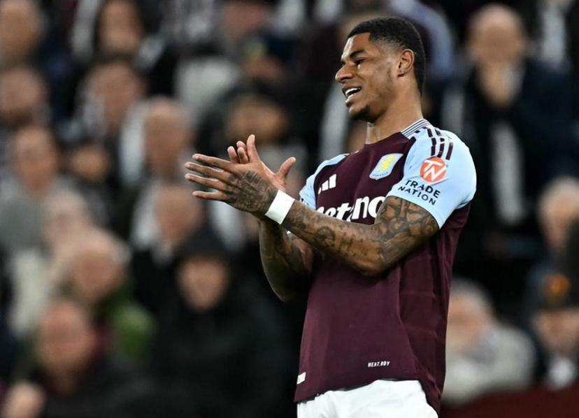 Aston Villa's English striker #09 Marcus Rashford reacts after failing to score during the UEFA Champions League quarter-final second-leg football match between Aston Villa and Paris Saint-Germain at Villa Park in Birmingham, central England on April 15, 2025.  Paul ELLIS / AFP