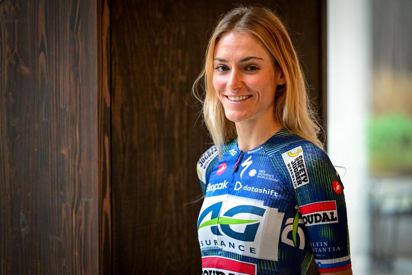 Slovenian Urska Zigart poses for the photographer at the presentation of the AG Insurance-Soudal women's team, on Tuesday 24 February 2026, in Brussels. BELGA PHOTO DIRK WAEM