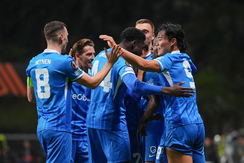 Genk's Yira Sor celebrates after scoring during a soccer game between Portuguese soccer team SC Braga and Belgian club KRC Genk, on Thursday 06 November 2025, in Braga, fourth game (out of 8) in the league phase of the UEFA Europa League competition. BELGA PHOTO JOMA GISBERT