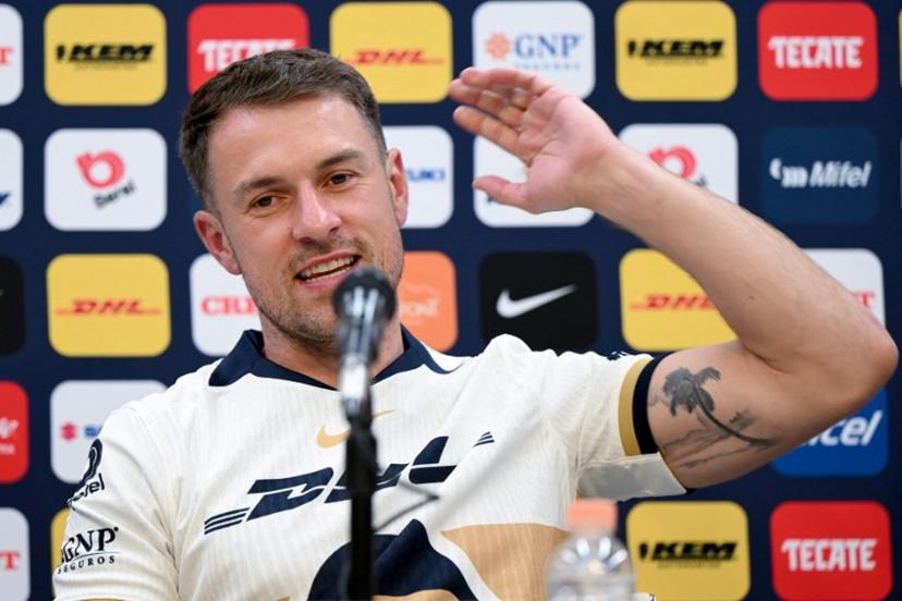 Pumas' Welsh midfielder Aaron Ramsey speaks during a press conference in Mexico City on July 3, 2025. Ramsey was introduced on July 3, 2025 as a new player of Pumas of the National Autonomous University of Mexico (UNAM) of Mexican football, starting from the Liga MX Apertura tournament that will begin on July 11.  Yuri CORTEZ / AFP