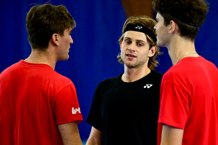 Belgian Raphael Collignon, Belgian Zizou Bergs and Belgian Alexander Blockx pictured during an open training session of the Belgian Davis Cup team ahead of the Davis Cup Finals (November 18-23), in Wilrijk, on Wednesday 12 November 2025. BELGA PHOTO DIRK WAEM