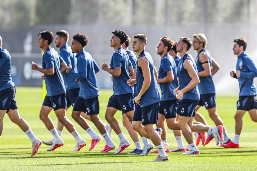 Club's players are pictured during a training session of Belgian soccer team Club Brugge KV, Monday 7 September 2026 in Knokke-Heist. Club is preparing for the first game in the UEFA Champions League league phase against English Aston Villa FC tomorrow. BELGA PHOTO BRUNO FAHY