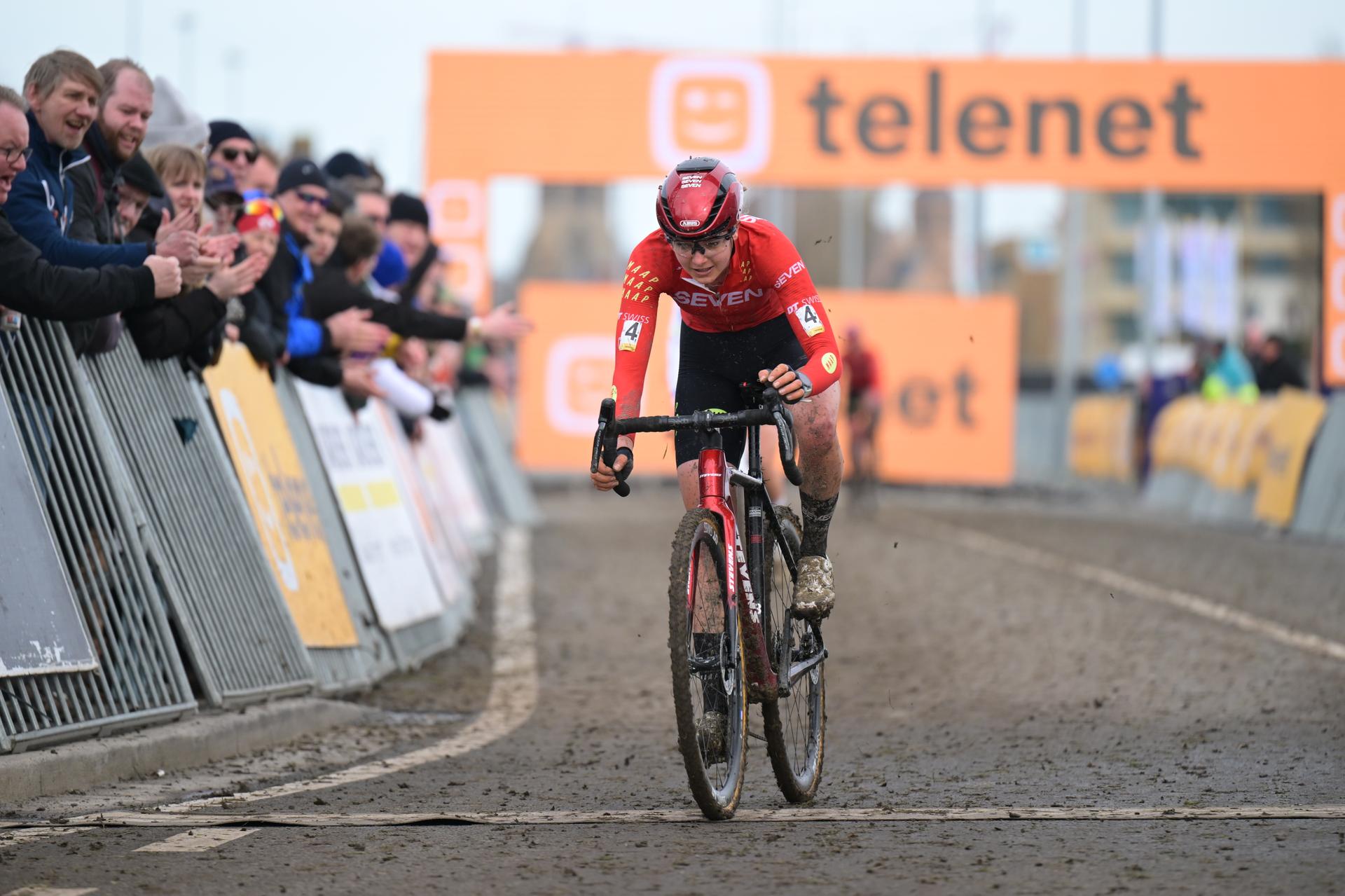 Dutch Aniek Van Alphen crosses the finish line at the women elite race of the 'Noordzeecross' cyclocross cycling event in Middelkerke, the last race of the Superprestige competition on Saturday 07 February 2026. BELGA PHOTO DAVID PINTENS