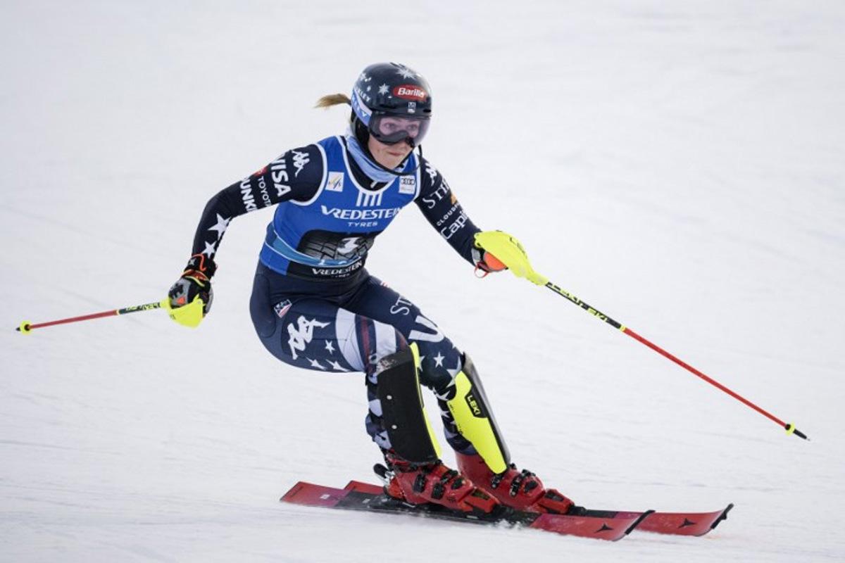 USA's Mikaela Shiffrin competes during the first run of the women's slalom event of the FIS Alpine Skiing World Cup at the Levi Ski Centre in Kittila, on November 15, 2025.  Roni Rekomaa / Lehtikuva / AFP