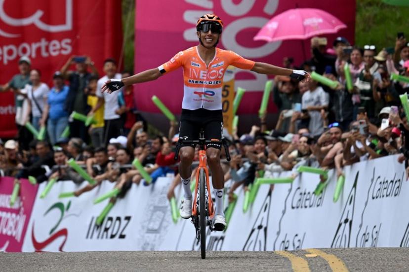 Colombia's cyclist Egan Bernal crosses the finish line to win the National Road Cycling Championships in Zipaquira, Colombia, on February 8, 2026.  RAUL ARBOLEDA / AFP