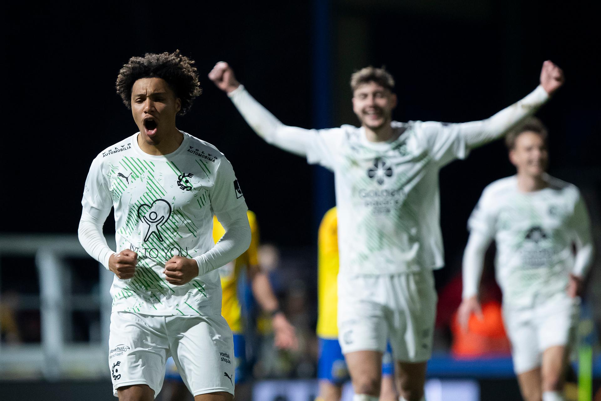 Cercle's Oluwaseun Adewumi celebrates after scoring during a soccer match between KVC Westerlo and Cercle Brugge, Saturday 17 January 2026 in Westerlo, on day 21 of the 2025-2026 'Jupiler Pro League' first division of the Belgian championship. BELGA PHOTO KRISTOF VAN ACCOM