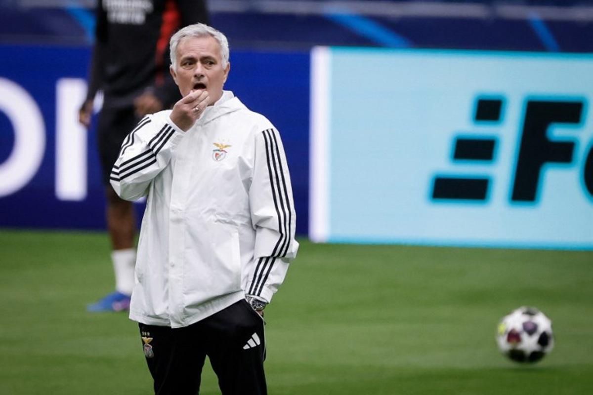 SL Benfica's Portuguese head coach Jose Mourinho gestures during a  training session on the eve of their UEFA Champions League knockout round play-off second leg football match against Real Madrid CF at Santiago Bernabeu Stadium in Madrid on February 24, 2026.  Oscar DEL POZO / AFP
