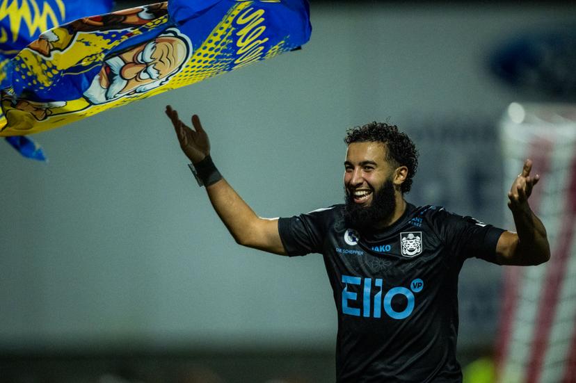 Beveren's Mehdi Najim Ilyes celebrates after scoring during a soccer game between Hoogstraten VV (1st Amateur) and SK Beveren (1B), in Hoogstraten, Saturday 06 September 2025, round 7 of the Croky Cup 2025-2026 competition. BELGA PHOTO JASPER JACOBS