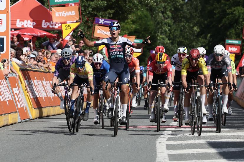 Davide Donati of RedBull-BORA-hansgrohe and pictured crossing the finish line of the second stage of the Tour De Wallonie cycling race, from Huy to Sambreville (153km), on Sunday 27 July 2025. BELGA PHOTO BRUNO FAHY