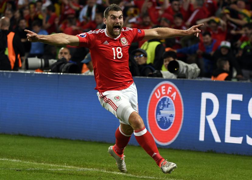 Wales' Sam Vokes celebrates after scoring the 3-1 goal during a soccer game between Belgian national soccer team Red Devils and Wales, in the quarter-finals of the UEFA Euro 2016 European Championships, on Friday 01 July 2016, in Lille, France. The Euro2016 tournament is taking place from 10 June to 10 July. BELGA PHOTO LAURIE DIEFFEMBACQ
