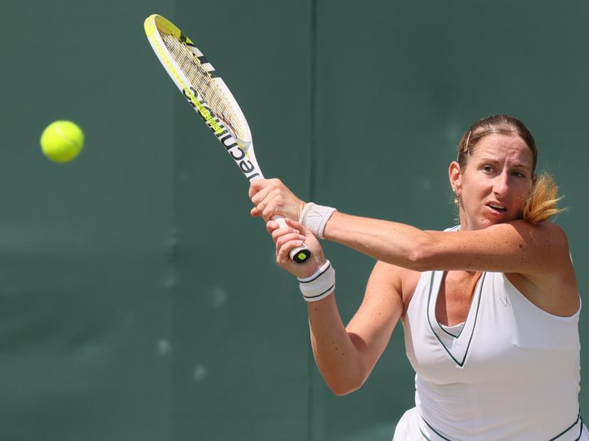 Belgian Magali Kempen pictured during a doubles tennis match between Romanian-Belgian pair Cristian-Kempen and Hungarian-Brazilian pair Babos-Stefani, in the first round of the women's doubles at the 2025 Wimbledon grand slam tournament, Thursday 03 July 2025 at the All England Tennis Club, in South-West London, Britain. BELGA PHOTO BENOIT DOPPAGNE
