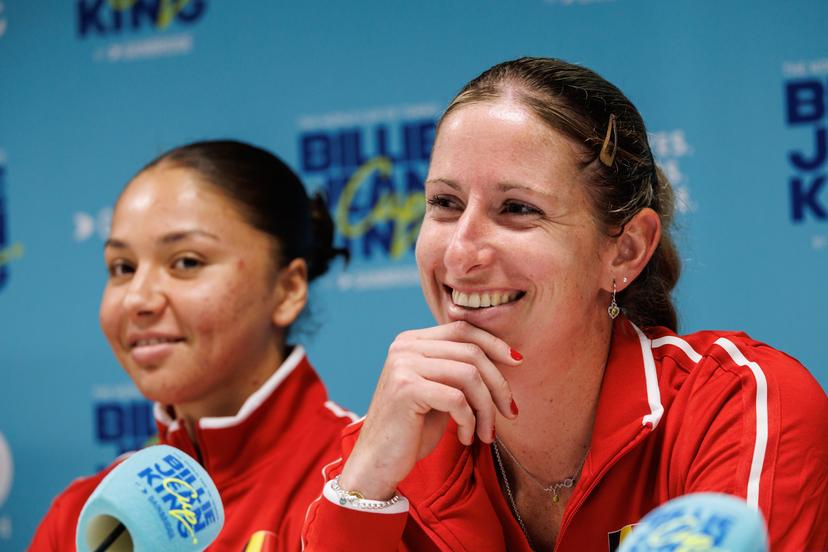 Belgian Sofia Costoulas and Belgian Magali Kempen pictured during a press conference of Belgian team ahead of the meeting between Belgium and USA, in the qualifiers of the Billie Jean King Cup tennis, in Oostende, Belgium, on Tuesday 07 April 2026. The game will be played on 10 and 11th April. PHOTO KURT DESPLENTER