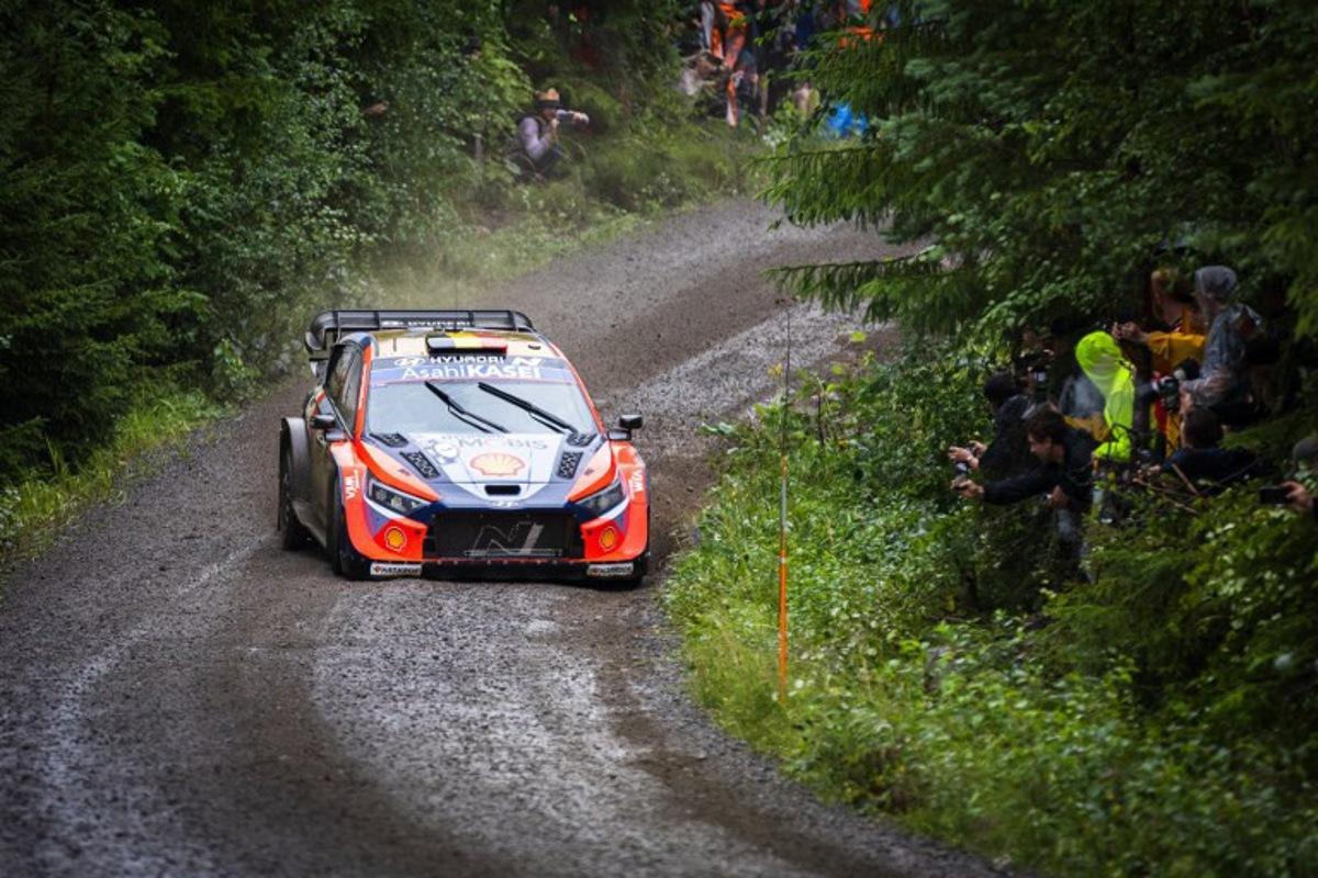 Belgian driver Thierry Neuville and co-driver Martijn Wydaeghe compete in their Hyundai i20 N Rally 1 car during the Parkkola 2 special stage of the WRC Rally Finland in Jyvaskyla, Finland on August 2, 2025.  Valtteri Vainio / Lehtikuva / AFP