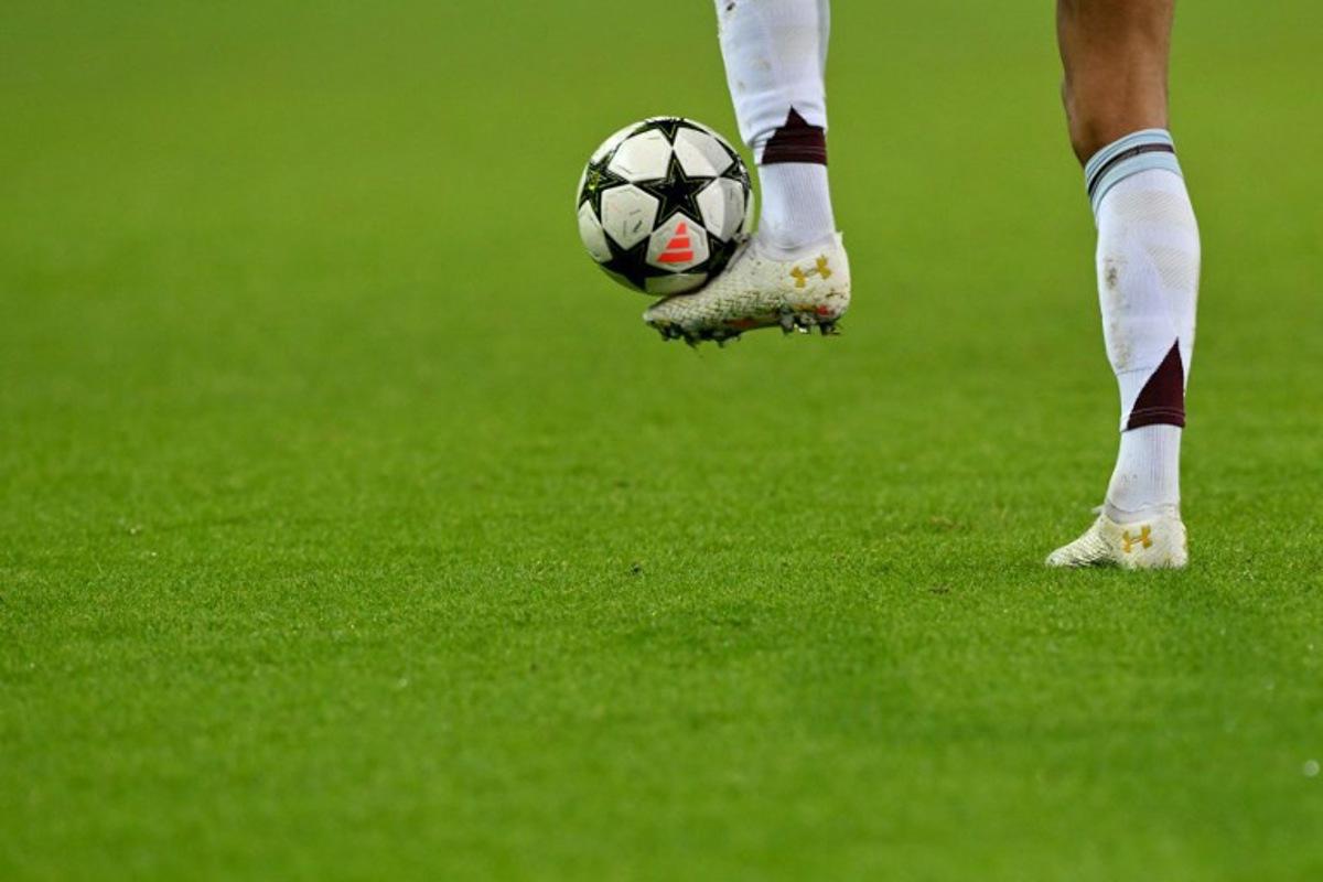 An Aston Villa player controls the ball during the UEFA Champions League, league phase day 4, football match between Club Brugge and Aston Villa at the Jan Breydelstadion in Bruges on November 6, 2024.  NICOLAS TUCAT / AFP