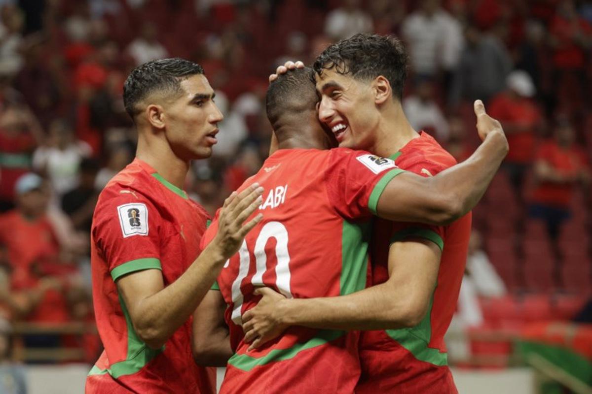 Morocco's forward Ayoub El Kaabi celebrates scoring with his teammates during the FIFA World Cup 2026 Group E African qualification football match between Morocco and Niger at the Prince Moulay Abdellah Sports Complex in Rabat on September 5, 2025.  Abdel Majid BZIOUAT / AFP