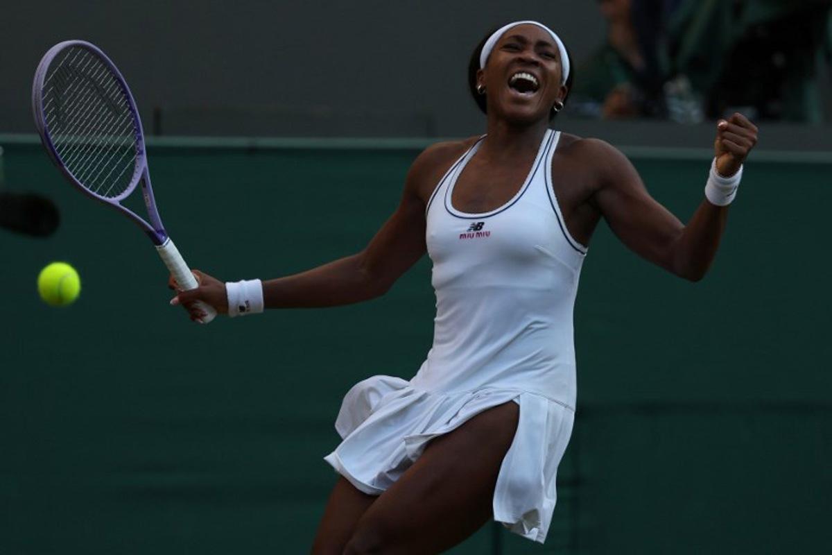 US player Coco Gauff celebrates winning against US player Claire Liu during their women's singles third round tennis match on the fifth day of the 2026 Wimbledon Championships at The All England Lawn Tennis and Croquet Club in Wimbledon, southwest London, on July 3, 2026.  Adrian Dennis / AFP